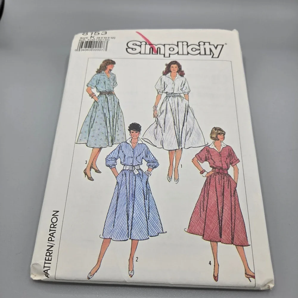 Vintage Simplicity 8153 Sewing Pattern 1987 Misses Pullover Dress Size K 8-12